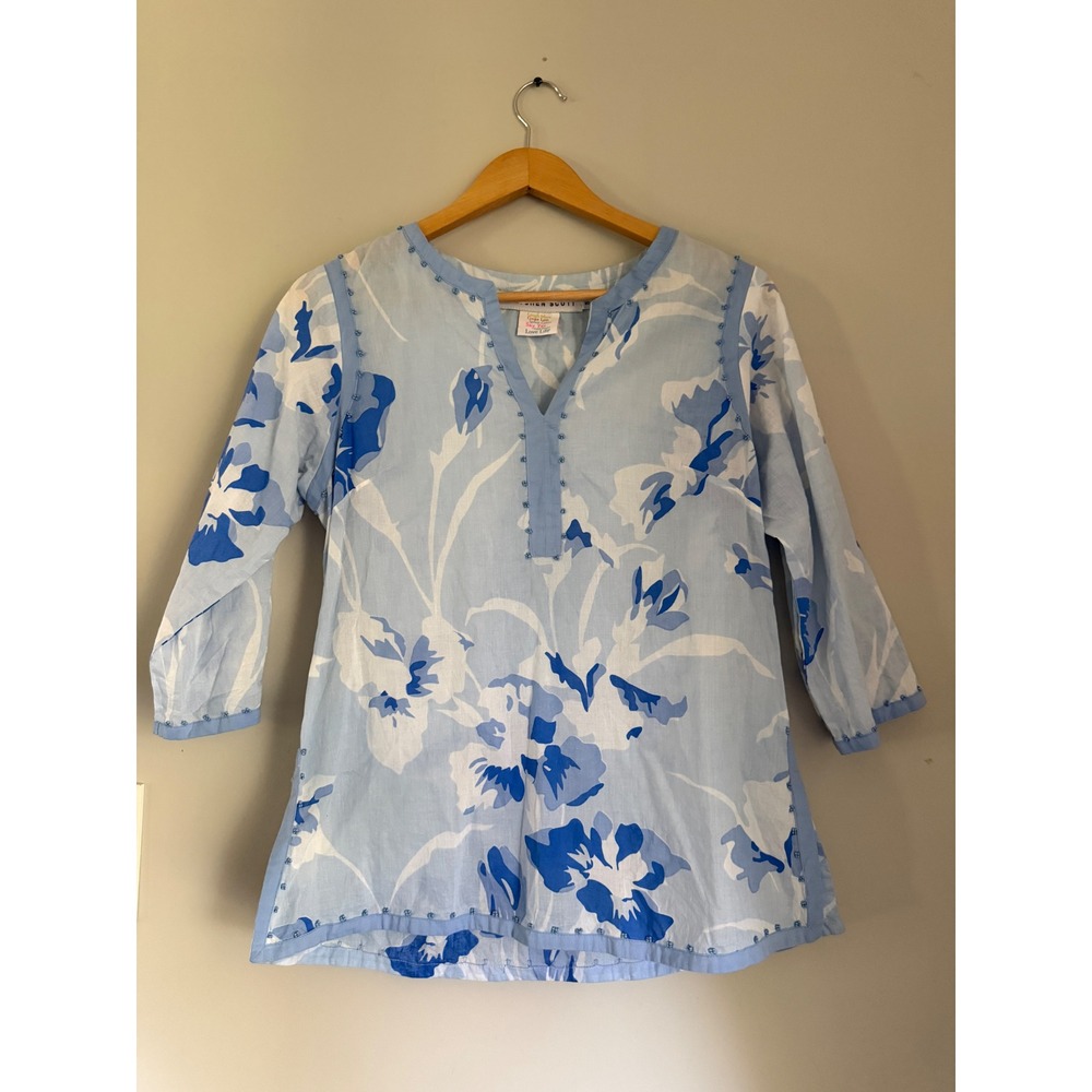Gretchen Scott Tunic Size S Blue Floral Beaded Cotton Coastal Summer artsy